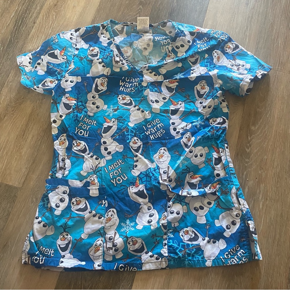 Disney Frozen Olaf Women's Medical V-Neck Scrub Top Shirt Size XS Cotton Pockets